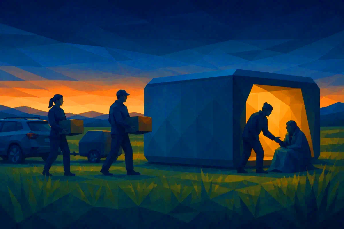 Volunteers prepare the rigid hitch cabin in the field.