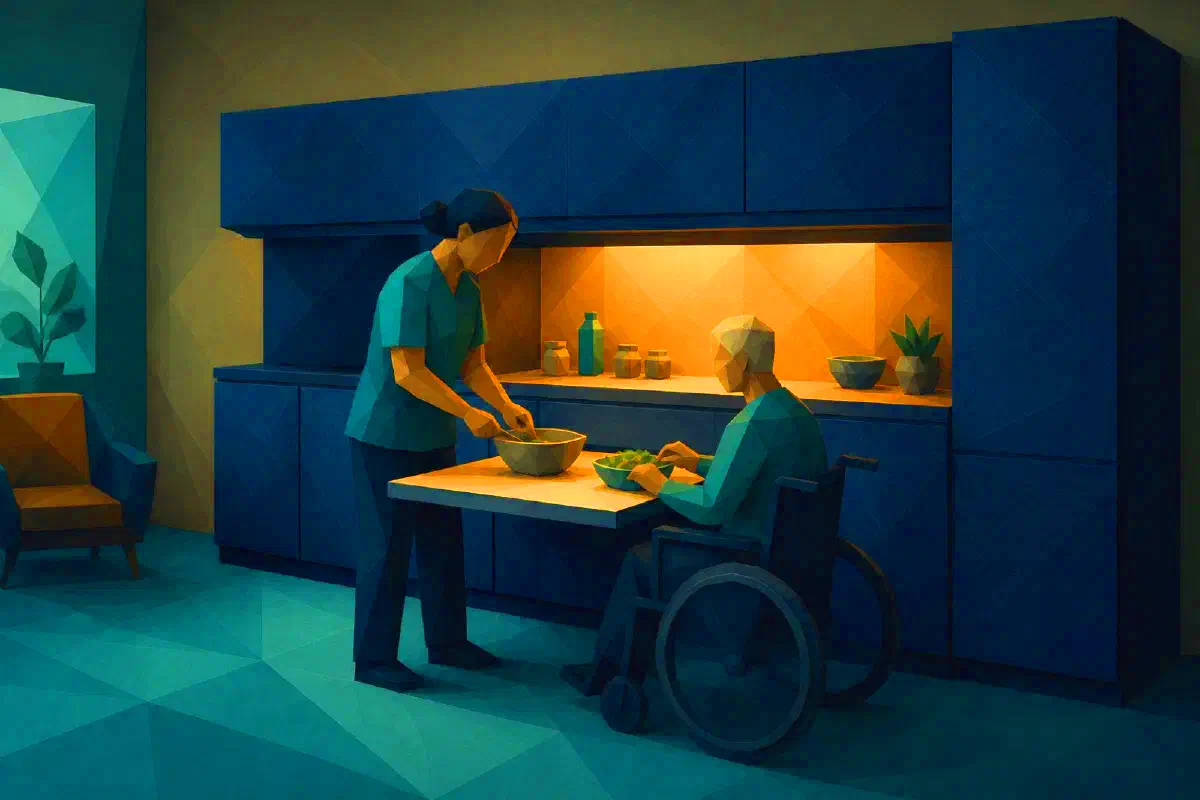 A facility kitchen with accessibility features for residents and staff.