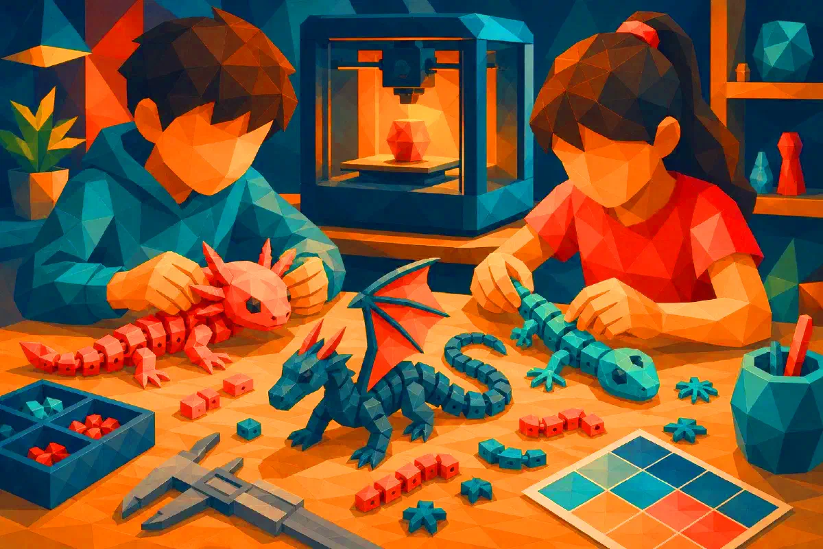 Children assemble articulated figures and measure printed parts.