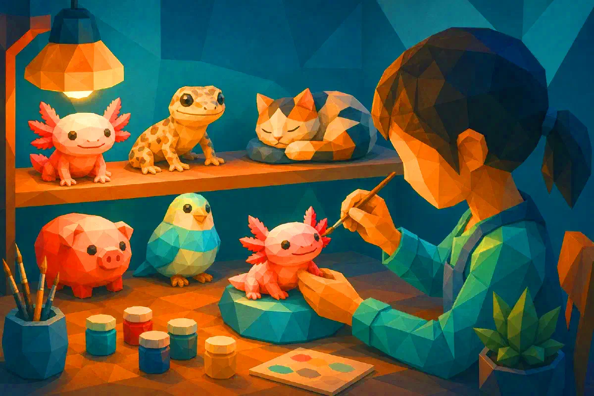 A child paints an axolotl figure beside a shelf of animal models.