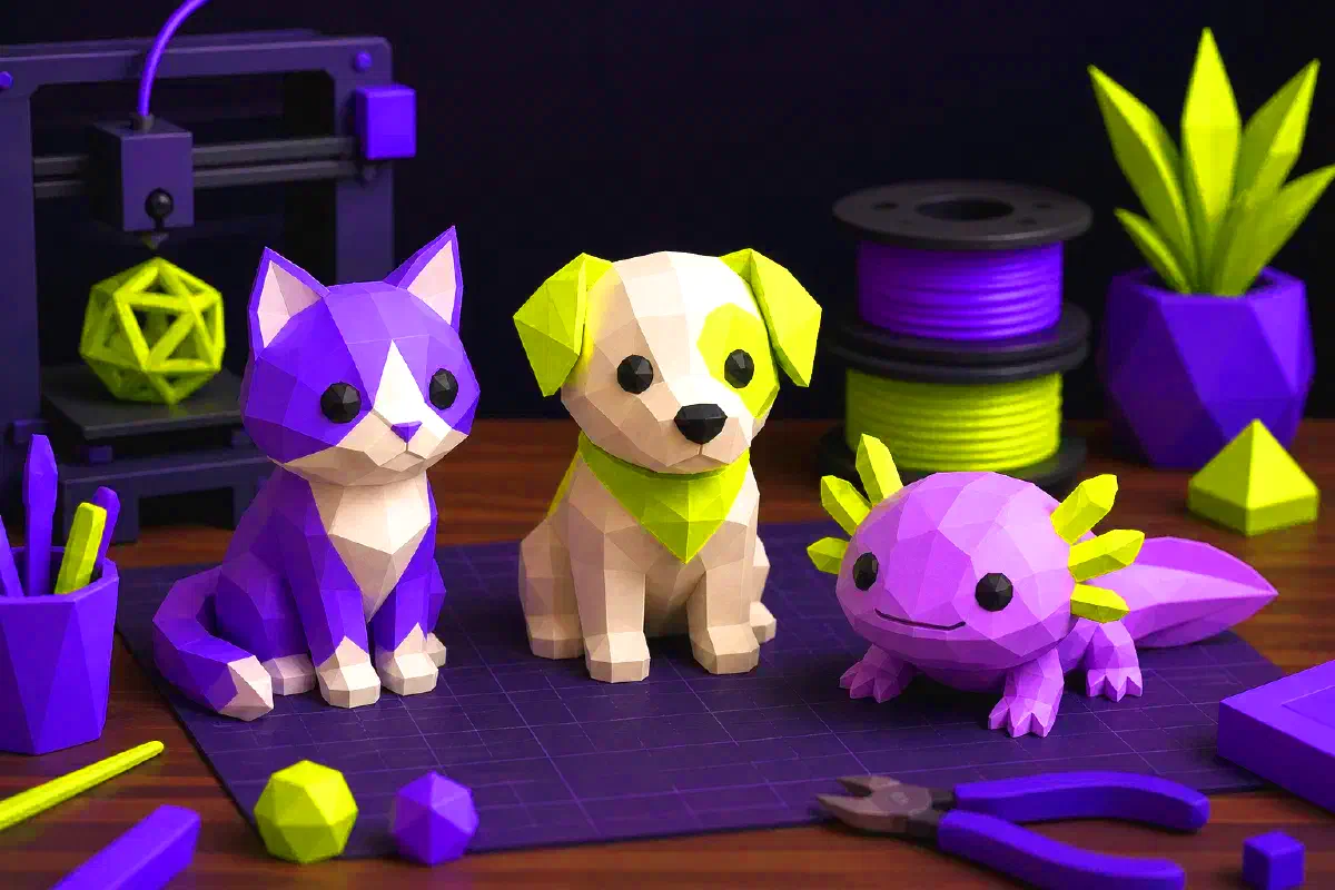 A workshop for designing and printing small animal figures.