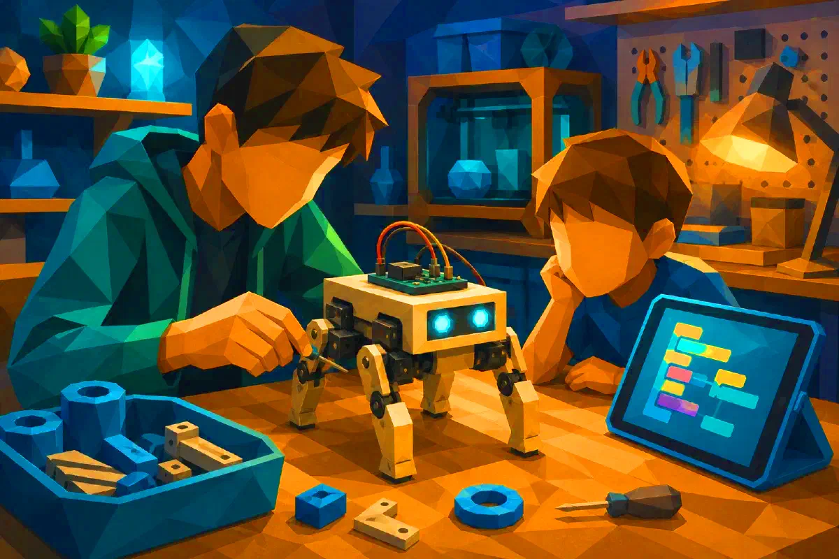 A workshop with a printed walking robot, simple electronics and block programming.