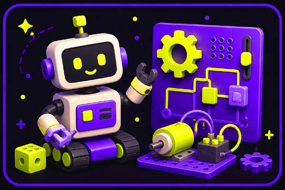 Children build a simple helper robot from printed parts.