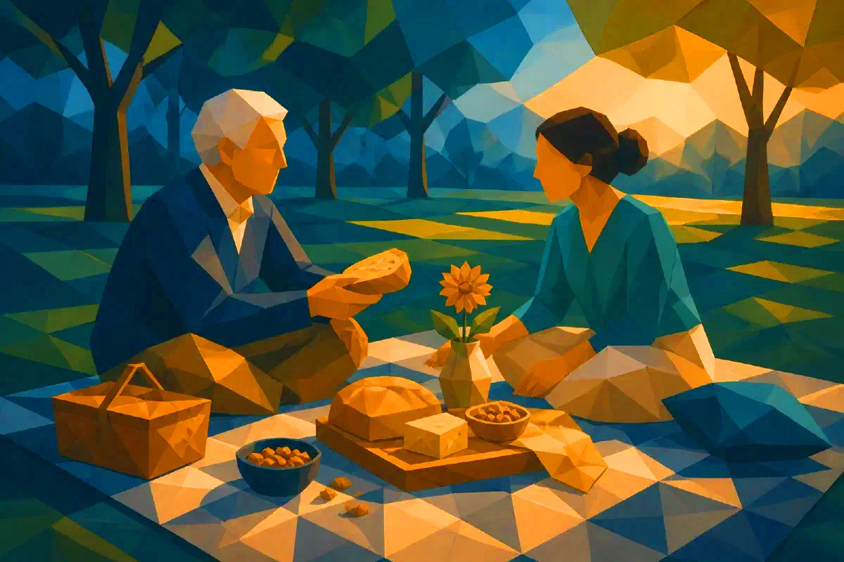 Generations sharing a simple dinner-and-breakfast set.