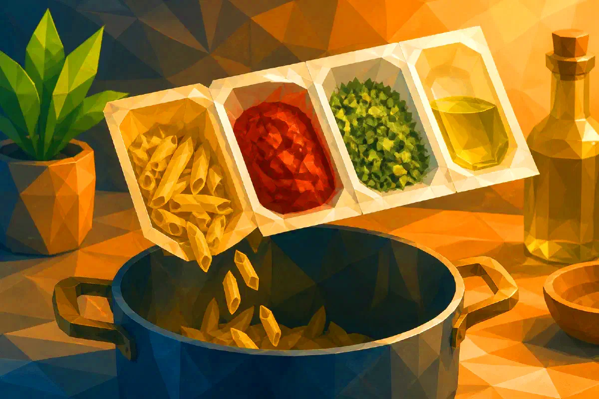 Close-up of ingredient chambers prepared for soup or bolognese portions.