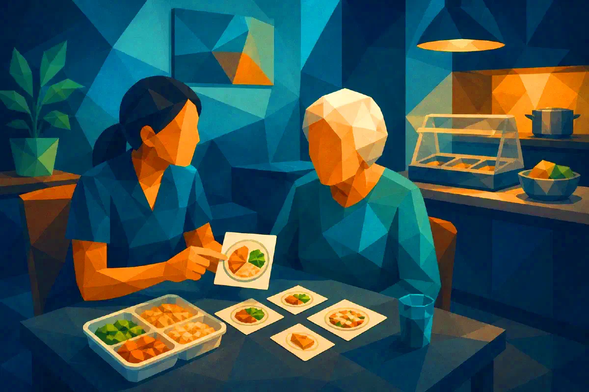 A dietitian and carer discuss the menu at a social-kitchen station.